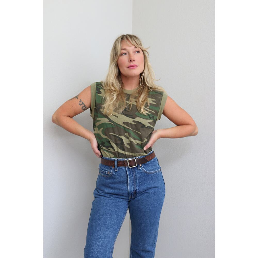 1980's Vintage Army Camouflage Single Stitch Tank Top Women's MD LG Men's SM MD